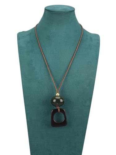 Kelake Leather Necklace for Women Men Teen Vinatge Boho Alloy Pendant Choker Jewelry Fashion Sweater Necklaces with Adjustable Genuine Leather Chain - color: Jade Bead Square Wood Pendant