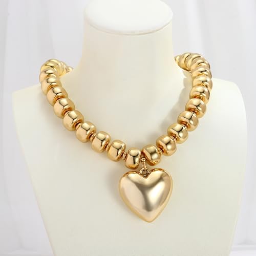 WOWORAMA Chunky Heart Necklaces for Women Colorful Resin Beaded Choker Necklace Gold Puffy Heart Statement Necklace Trendy Acrylic Choker Jewelry - color: CCB-Gold