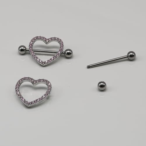 BSJ4U Nipple Ring and Belly Button Ring Set 14G Stainless Steel Sparkly Pink CZ Heart Bar Barbell Nipple Belly Piercing Body Jewelry - style: Cute