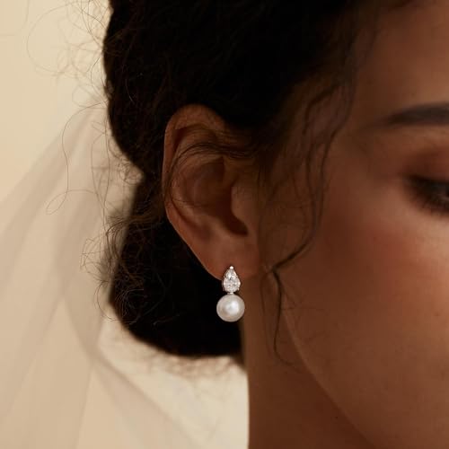 Pearl Earrings for Women, Dainty Wedding Bridal Earrings 14k Gold Plated CZ Pearl Drop Earrings for Women Trendy Hypoallergenic Unique Gold Drop Earrings Fashion Prom Jewelry - color: Silver-J
