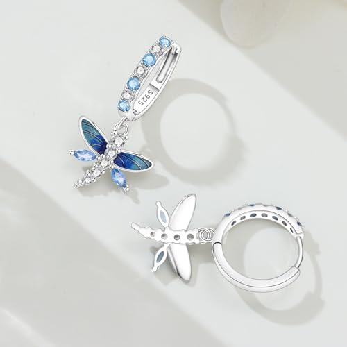 925 Sterling Silver Dangle Earrings for Women, Butterfly&Bee Animals Design, Hypoallergenic Jewelry gifts - color: Colorful Dragonfly Earrings - Blue