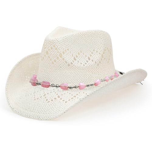 TOVOSO Western Cowgirl Hat, Straw Cowboy Hat for Women with Shapeable Brim, Beaded Hearts Trim, Shapeable Cowboy Hat - color: White With Pink Trim