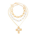 Chunky Gold Necklace for Women, Layered Cross Pendant Pearl Necklace, Stacked Thick Gold Jewelry, Geometric Square Oval Chain, Big Gold Pendant Fashion Accessories - style: Style B