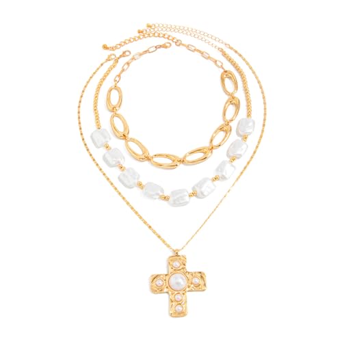 Chunky Gold Necklace for Women, Layered Cross Pendant Pearl Necklace, Stacked Thick Gold Jewelry, Geometric Square Oval Chain, Big Gold Pendant Fashion Accessories - style: Style B