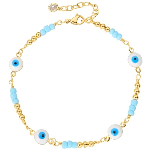BENEIGE Women Bracelet 14K Gold Plated Paperclip Satellite Bead Ball Oval Cuba Cable Box Chain Daily Charm Layered Link Silver Bracelets Adjustable Jewelry - style: Eyes Beaded