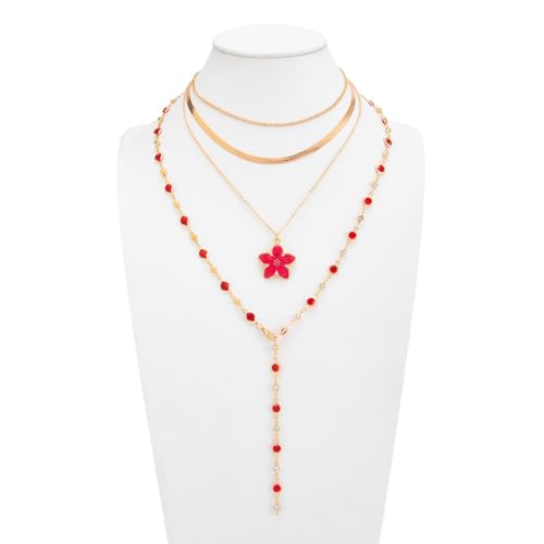 Gold Flower Y Chain Necklace for Women Layered Flower Pendant Choker Long Rhinestone Chain Necklace Party Prom Jewelry - color: Red