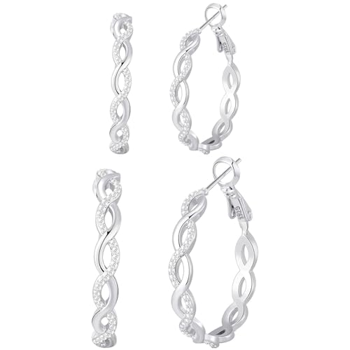 Senteria 925 Sterling Silver Post Hoops Earrings for Women Lightweight Twisted Hoop Earrings With Cubic Zirconia Hypoallergenic Silver Hoops Earrings (20/30/40/50/60MM) - color: silver-20/30mm