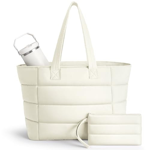 Puffer Tote Bag with Pouch, Women's Lightweight Quilted Shoulder Bag, 15.6"/17.3 Laptop Travel Weekender for Work & Nurses - color: White, size: Large