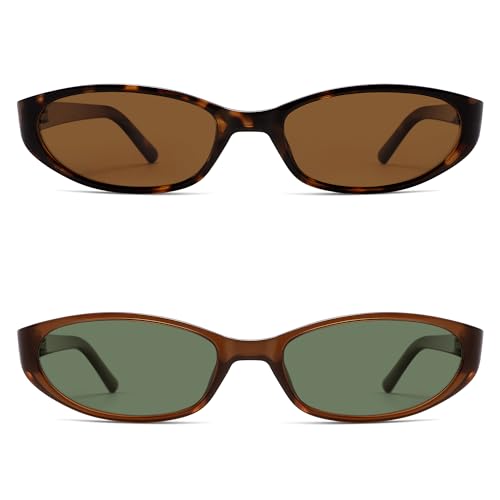 Retro Oval Sunglasses for Women Men Y2k Narrow Cat Eye Sunnies Skinny Shades AR82299 - color: 11. Tortoise+brown