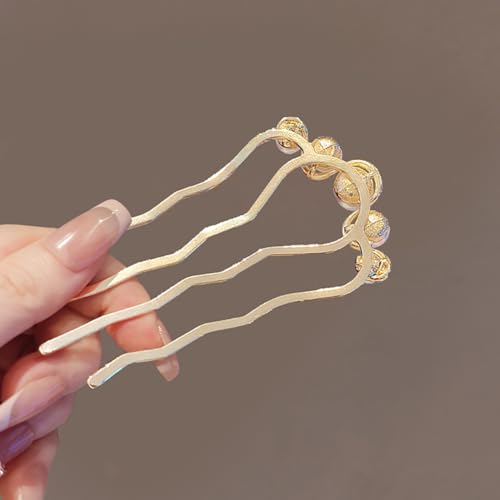 2 Pcs Pearl U Shaped Hair Side Combs for Buns Fashion 4 Prong Hair Updo Hair Sticks Metal Teeth Hair Fork Clips Decoration Hair Styling Accessories (Gold, Black)