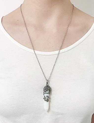 Top Plaza Antique Silver Flower Wrapped Synthetic Opalite Healing Crystal Necklace - color: Synthetic Opalite