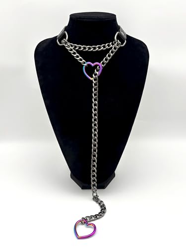 Black Leather Choker Collar For Women, Handmade Heart Slip Chain Choker Long Necklace with Adjustable Buckle - color: B-Black-Black-Rainbow, size: 24''chain