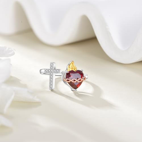 Cross Faith/Sacred Heart Ring Sterling Silver Cross Open Ring Christian Religious Jewelry Gifts for Women Men