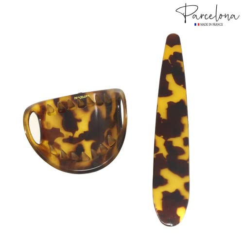 Parcelona French Classic Light Tortoise Shell Large 3” Celluloid Bun Holder Slider Pin Thru Hair Clip with Stick