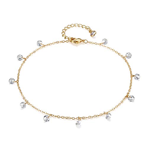 LOYATA Dainty Ankle Bracelet,14K Gold Plated Tiny Bead Anklet Dainty White Cubic Zirconia Cross Tassel Foot Chain Cute Lucky Moon Evil Eye Foot Jewelry Boho Anklets for Women - color: CZ