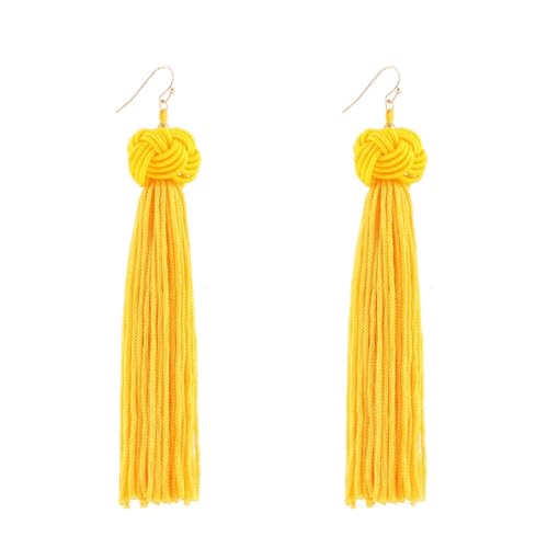 Tassel Dangle Earrings for Women, Handwoven Knot Top Boho Fringe Earrings Lightweight Long Drop Earrings with French Hook, Fashion Statement Jewelry for Party Vacation Daily Wear - color: yellow