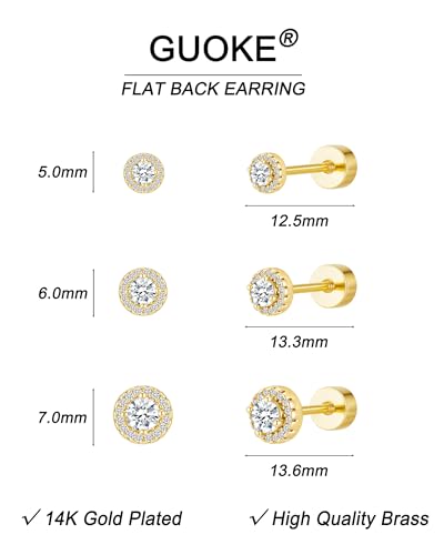 3 Pair Tiny Flat Back Earrings for Women - 14K Gold/White Gold Plated Dainty Cute Small Screw Flatback Stud Earring, Everyday Wear Gift - color: diamond gold