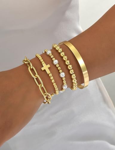 Gold Beaded Bracelets for Women, 14K Real Gold Plated Jewelry for Women Dainty Pearl Bead Bracelets Stack, Non Tarnish Trendy Stackable Ball Cross Stretch Bracelet Set Fashion Accessories Gifts - color: Gold cross bead chain bangle