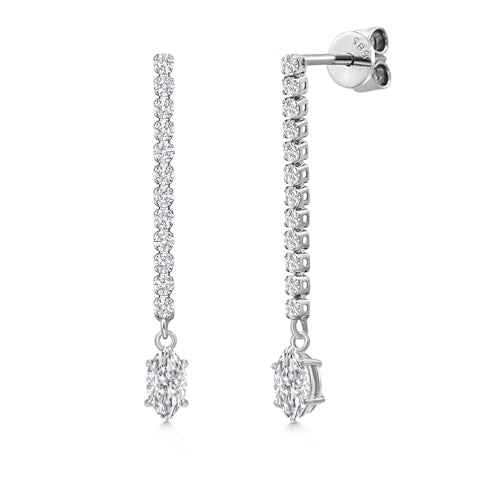 Gem Stone King 14K White Gold Gemstone Birthstone and White Lab Grown Diamond Long Liner Dangle Earrings for Women | Marquise 6X3MM | White Gold Chain Drop Earrings - style: Lab Grown Diamond, April