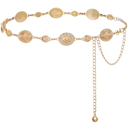 FIORETTO Western Waist Chain Belt Metal Concho Belt for Women Cowgirl Cowboy Boho Country Belt for Dress Jean - color: Gold-26, size: Fit Waist Up to 38"