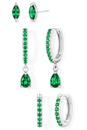 14K Gold Plated Small Huggie Hoop Earrings Set for Women, Hypoallergenic Dainty Sterling Silver Dangle Studs for Cartilage Helix, Lightweight Trendy Cute Stack Birthstone Jewelry Gift - color: 05_Emerald_May_Silver