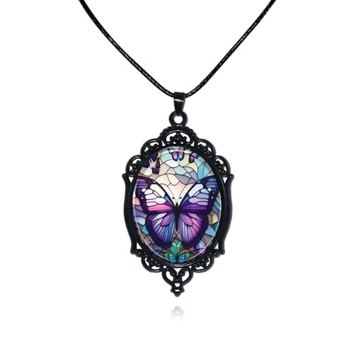 Halloween Gothic Witch Necklaces Cross Glass Pendant Necklace for Women Punk Vintage Black Dark Oval Cameo Necklace Witch Emo Necklaces Halloween Jewelry Witch Accessories 2025 - style: Butterfly