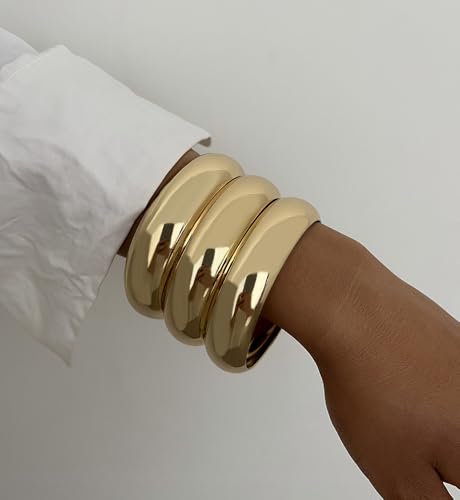Chunky Gold Bangle Bracelets for Women, Dainty 14k Gold Plated Big Stackable Bangles Set, Trendy Cuff Bracelet Stack Fashion Jewelry Gifts - style: A2-gold