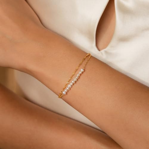 SLOONG Gold Pearl Bracelets for Women Trendy, 14K Gold Plated Dainty Stackable Layered Chain Bridesmaid Bracelets, Waterproof Wedding Jewelry for Women Adjustable 6"+2" - color: Style2(Pearl)