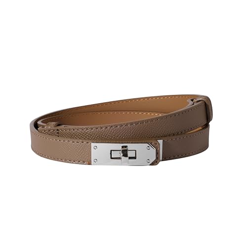 Ovekaut Women Skinny Leather Belt Solid Color Alloy Turn Lock Adjustable Waistband for Dresses Jeans Coats - color: Elephant Grey / Silver