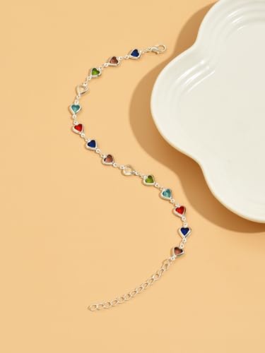 Heart Anklets for Women Crystal Tennis Chain Foot Jewelry Rhinestone Ankle Bracelets for Summer Beach Party - color: Silver/Multicolor