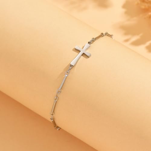 Cross Anklets for Women, 18K Gold Plated Dainty Ankle Bracelets with Colorful Beads Pearl Anklet, Adjustable Religious Christian Satellite Cross Chain, Waterproof Boho Summer Beach Jewelry - style: Bamboo-joint Cross-White Gold