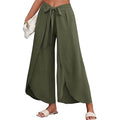 Wide Leg Tie Belted Linen Capri Pants for Women Casual High Waist Irregular Split Hem Palazzo Cropped Trousers - color: Army Green, size: Medium
