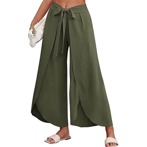 Wide Leg Tie Belted Linen Capri Pants for Women Casual High Waist Irregular Split Hem Palazzo Cropped Trousers - color: Army Green, size: Medium