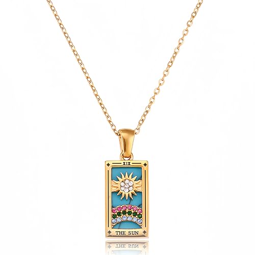 ORIGENCE 18k Gold Plated Tarot Cards Pendant Necklace - Vintage Colorful Charm Necklace Lucky Talisman Hypoallergenic for Women and Men Gift - style: The Sun