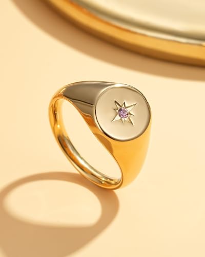 YeGieonr Non Tarnish Gold Rings for Women, Waterproof Gold Signet Ring, 18K Gold Plated Stackable Rings for Everyday Wear - color: Oval North Star