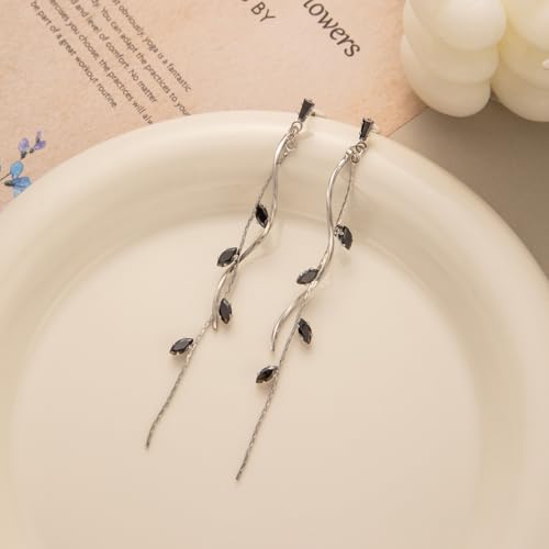 Temperament Long Zircon Tassel Earrings for Women Charm Jewelry Sparkling Crystal Leaves Twist Dangle Earrings for Friends - color: Silver-Black Leaves
