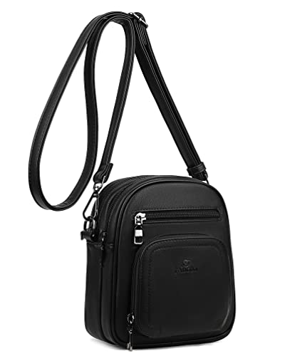 FADEON Small Purses for Women Crossbody Bags, Designer PU Leather Mini Cross Body Purse Travel Shoulder Bag Card Slots - color: Pure Black Retro Style