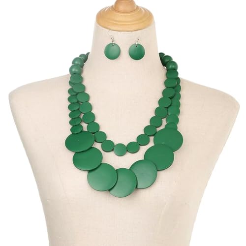 Zian Colorful Wooden Round Beaded Necklace Earrings Jewelry Set for Women Multicolor African Wood Beads Geometric Ethnic Choker Bohemian Statement Accessories - color: Green