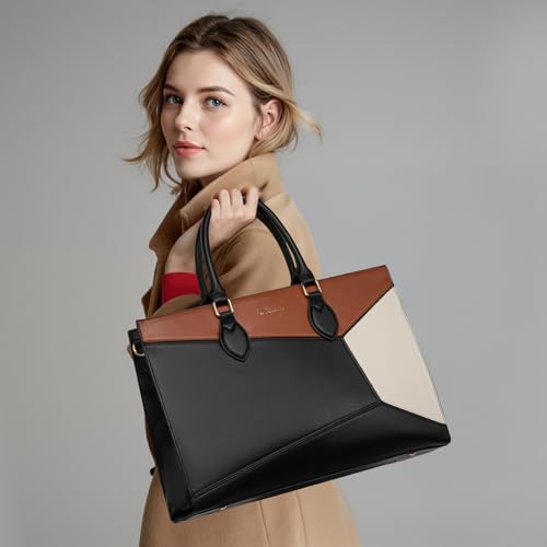 LOVEVOOK Laptop Bag for Women,15.6 lnch Waterproof Lightweight Leather Tote Bag,Professional Business Office Work Bags with Clutch Purse, Large Capacity Computer Shoulder Handbag,Black-White-Brown - color: Black - White - Brown(leather), size: 15.6 Inch