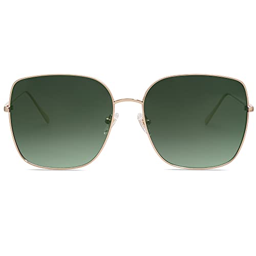 SOJOS Trendy Oversized Square Metal Frame Sunglasses for Women Men Retro Big Flat Lens UV Protection Sunglasses SJ1146 - color: Gold/Gradient Greyish-green