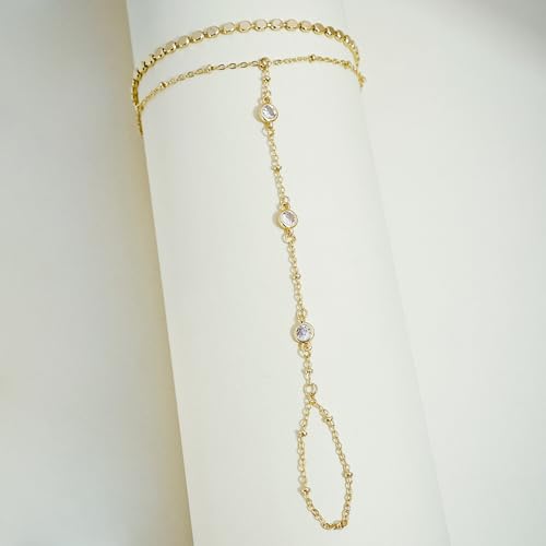 Gold Bracelets for Women Trendy, Dainty Gold Hand Chain Bracelets Stackable 14k Gold Plated Finger Ring Bracelet Hand Chain Cz Flower Layered Link Bracelets for Women Non Tarnish Jewelry Gifts - style: layered cz hand chain bracelet-gold