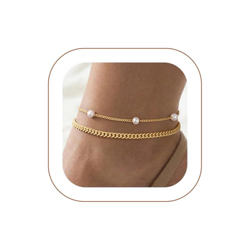 2/3 PCS Gold Anklets for Women Waterproof Cuban Link Anklet Beaded Bracelets Stackable Bracelets 14K Gold Plated Custom Jewelry Gifts Non Tarnish Lightweight - style: Gold Anklet 05