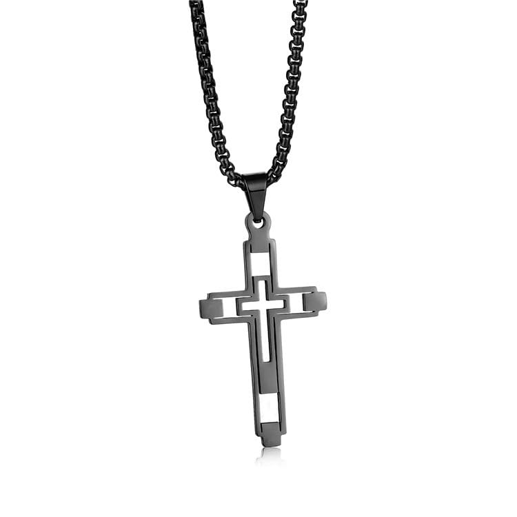 Bohemian style hollow fashion double cross stainless steel pendant necklace, suitable for men and women for daily casual fashion party gatherings religious amulets jewelry accessories gifts - color: Color: Black