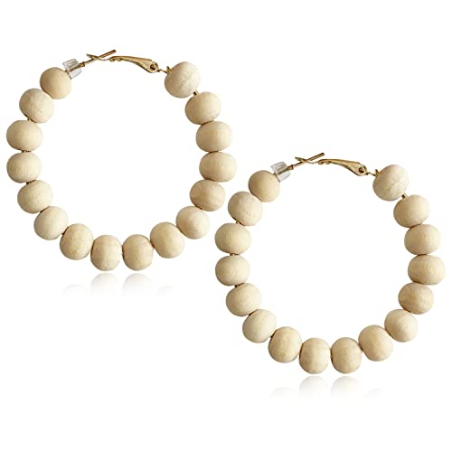 Handmade Nature Wooden Beaded Hoop Earrings Bohemian Minimalist Colorful Circle Round Wood Bead Earrings Vintage Chic Wooden Ethnic Dangle Drop Earrings for Women Statement Jewelry Gifts - color: Wood color