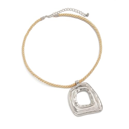 Chunky Gold Large Hollow Square Pendant Long Rope Necklaces for Women, Boho Big Silver Ethnic Style Necklace Statement Party Festival Jewelry Gifts - color: Silver