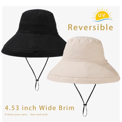 vidsel Womens Sun Hats Wide Brim Reversible Bucket Cotton Hat Packable Summer Travel Cap with Hat Clip,UV Protection - color: Medium-black+beige, size: Medium