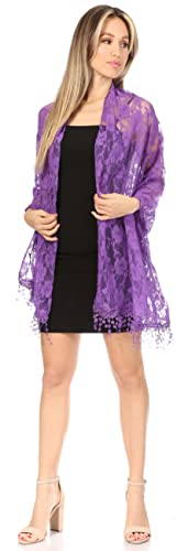 Sakkas Mari Women's Large Lightweight Soft Lace Scarf Wrap Shawl Floral and Fringe - color: Rosepurple