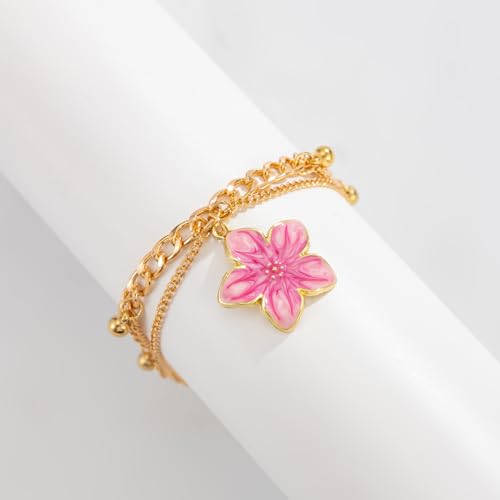 Fashion Layered Flower Charm Anklet for Women Golden Cuban Link Chain Tassel Waterproof Ankle Bracelet Adjustable Beach Vacation Foot Jewelry Summer Accessories - color: Pink floral