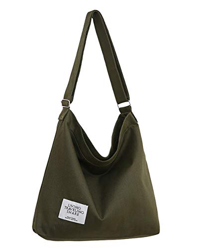 Covelin Women's Retro Large Size Canvas Shoulder Bag Hobo Crossbody Handbag Casual Tote - color: Army Green