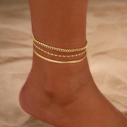 2/3 PCS Gold Anklets for Women Waterproof Cuban Link Anklet Beaded Bracelets Stackable Bracelets 14K Gold Plated Custom Jewelry Gifts Non Tarnish Lightweight - style: Gold Anklet 06